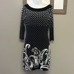 White House Black Market Black Gray and Cream Boatneck 3/4 Sleeves Dress- XS